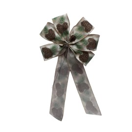 Handmade Large 10" Hand Made Bow - Wired Linen - Christmas Pine Cones - Fabric Brown Gold