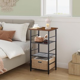 VECELO Tall Side Table, 3-Tier Telephone Stand with Storage Shelf and Baskets, High Nightstand for Small Space, Living Room, Bedroom, Office, Rustic Brown
