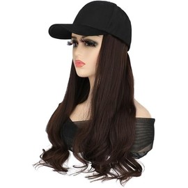 Hat Wig for Women Long Wavy Baseball Cap Wig with Curly Hair Extensions Synthetic Dark Brown Wig (Dark brown, One size)