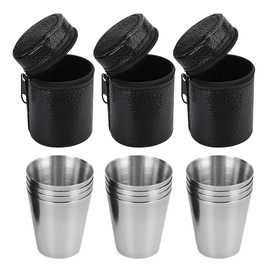 Gobesty Hip Flask Cups, Pack of 12 Stainless Steel Cups, Stackable Shot Cups with 3 Leather Pockets, Drinking Cups, Stainless Steel Cups, Portable Metal Cups, Ideal Hip Flask Accessories, Great Gift Idea