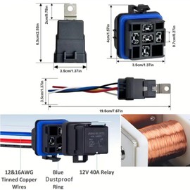 12V 40A Waterproof Automotive Relay Kit, 5-Pin SPDT with Wire Harness, Heavy Duty 12/16 AWG Copper Wires, 5-Pack (Waterproof Relay) for Cars, Motorcycles, and Ships