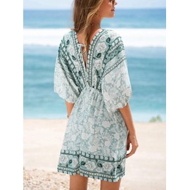 CUPSHE Women Backless Mini Summer Dress Cover Up Plunging V Neck Half Blouson Sleeve Elastic Waist Back Tie Sundress Beach Dress, Green White Floral S