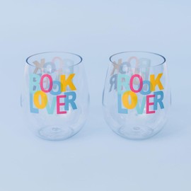 Draper James Stemless Wine Glass Set of 2, BPA-free Acrylic Glasses, 17 Ounce Capacity Plastic Wine Cups, Book Lover