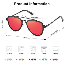 SojoS Gafas De Sol Polarizados Hombres Mujeres Unisex Aviador Clásico Doble Puente SJ1051 Marco Negro/Lente Espejo Rojo Polarizado