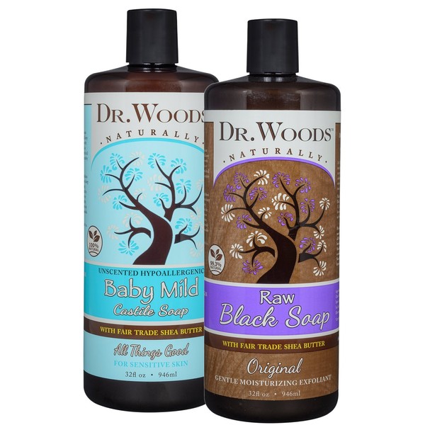Dr. Woods Black Soap and Baby Mild Castile Soap, Body Wash with Organic Shea Butter Variety 2 Pack