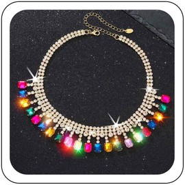 TWINKLEDE Crystal Jewelry Necklaces for Women Sparkly Colorful Rhinestone Choker Necklace Rectangle Stone Pendent Link for Prom