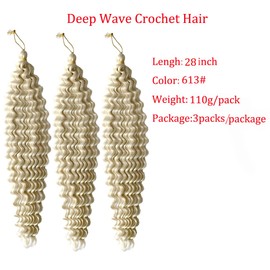 Blond Ocean Wave Crochet Hair 28 Inch 3 Packs Deep Wave Braiding Hair Long Curly Crochet Braids Hair Extensions for Women and Girls(28 Inch,613#)