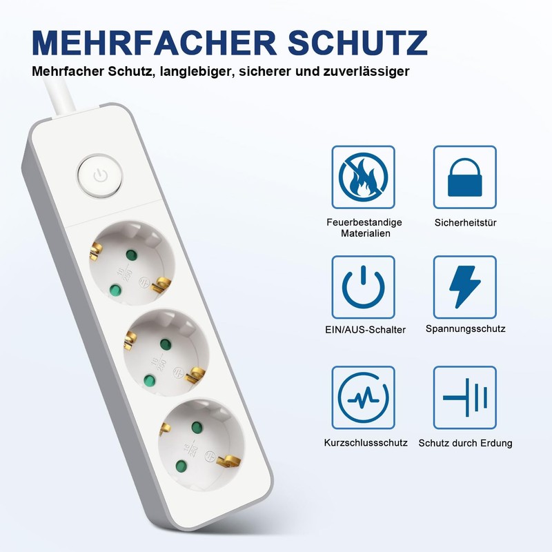 EXTRASTAR Flat Plug Multiple Socket 3-Way Power Strip Flat Plug