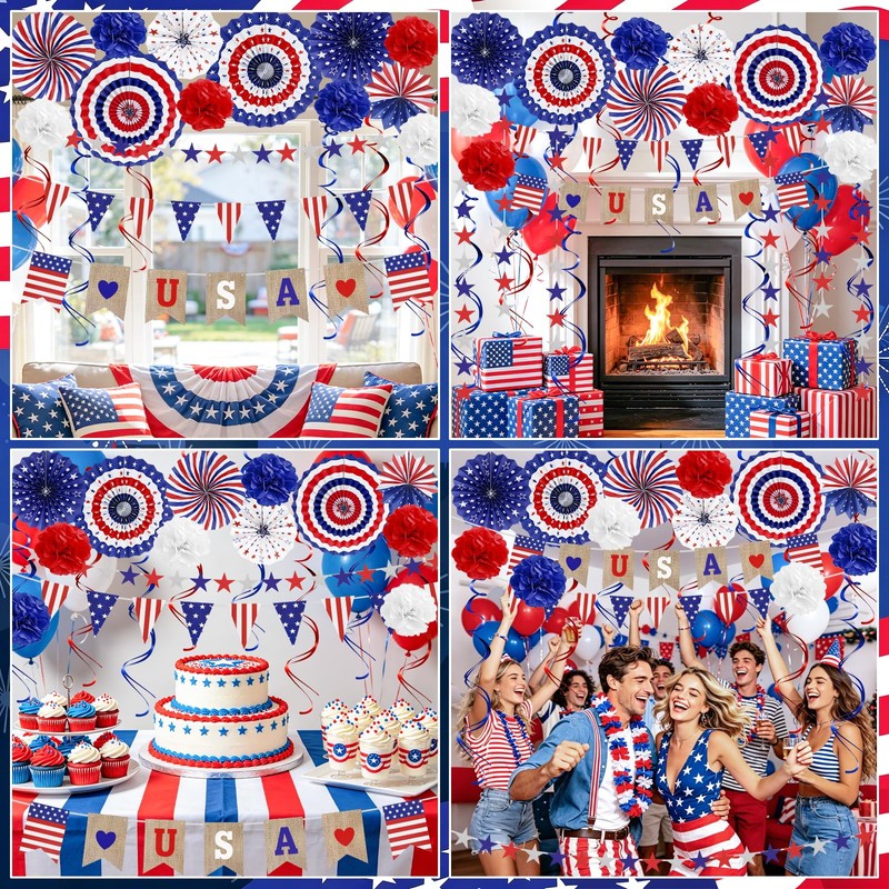 4th of July Patriotic Decorations Set Red White Blue Paper