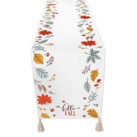 Folkulture Table Runner 90 Inches Long with Tassels for Fall Decor, 100% Cotton White Table Runner, Rustic Boho Table Runner or Farmhouse Table Runners, Coffee Table Runner (Hello Fall)