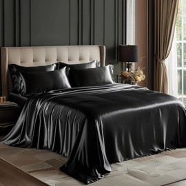 Love's cabin Satin Queen Sheets Set - 4 Piece Black Silky Satin Bed Sheets Queen Set with Deep Pocket, Luxury Silk Feel Satin Queen Size Sheet Set (1 Flat Sheet,1 Fitted Sheet,2 Pillow Cases)