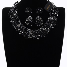 Vintage Crystal Rhinestone Statement Choker Bib Statement Necklace Earring Fashion Costume Jewelry Set for Women Black03