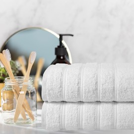 Briarwood Home® Medley Bath Towels 2-Pack – 27”x54”, Soft, Quick-Dry, Super Absorbent, 100% Organic Cotton, Dobby Ribbed Border, Lightweight, Lint-Free, Fade-Resistant – Bath, Gym, Spa - White