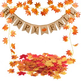 Famoby Happy Fall Pumpkin Burlap Banner and Maple Leaf Garland Confetti for Harvest Time Autumn Theme Party Thanksgiving Decorations