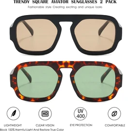 MUNSADE Trendy Square Aviator Sunglasses for Women Flat Top Designer Stylish Frame Sun Glasses Vintage Shades ((2 Pack) Black/Light Brown+Tortoise/Green)