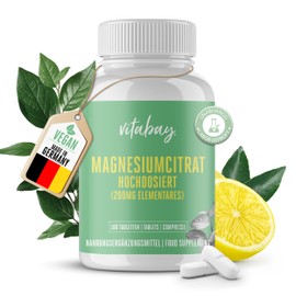 Vitabay hochdosiertes Magnesium Citrate Tabletten VEGAN & LABORGEPRÜFT - 180 Stück je 1278 mg Magnesiumcitrat (200 mg elementares) - Magnesium Kapseln