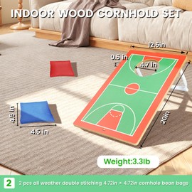 1pc Basketball Court Wood Cornhole, Indoor Wood Bean Bag Toss Game with 2 Bean Bags, 20x12.5 Inch Board, Outdoor Lawn Yard Game, Family Party Game