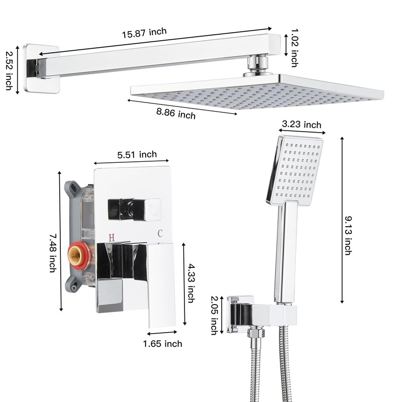 BWE Chrome Shower Faucet Set,Rainfall Shower Head with Handheld Shower,Two
