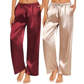 Ekouaer 2 Pack Womens Satin Pajama Pants Silk Sleep Lounge Pants Wide Leg Pj Bottom with Pockets Wine and Champagne Large