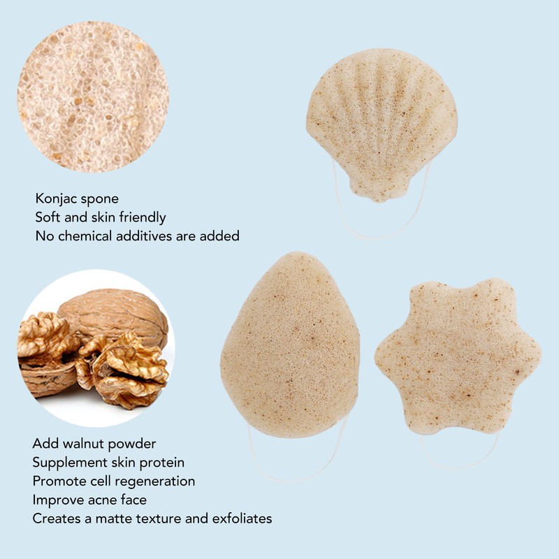 3pcs Walnut Powder Exfoliating Facial Sponge Soft Skin Cleansing Konjac