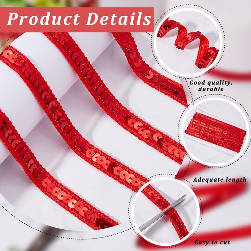 CABODYALS 10M Red Glitter Sequin Trim Single Row Braid Ribbon