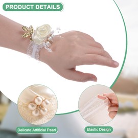 M METERXITY 6 Pack Wrist Corsage Bracelets, Artificial Flower Corsage Bracelets for Wedding/Prom/Party, Wrist Corsage Ribbon Decoration Hand Flower [Cream White]