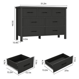Jocoevol Fluted 7 Drawers Dresser for Bedroom, Modern Chest of Drawers with Metal Handle, Wood Dresser TV Stand, Wooden Closet Clothes Storage Organizer for Living Room, Hallway (Black)
