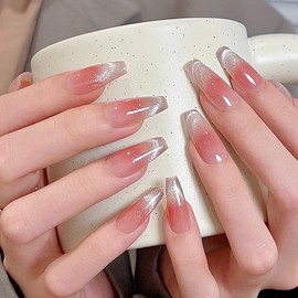 Pure Handmade Nails Press on Nail Reusable Fake Nails Red Long French CatEyes Bling Bling Nude Medium Stick on Nails French Tip False Nails 10pcs (L, Q231)