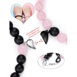 Jovivi 2 Pcs Matching Heart Couples Bracelets 8mm Natural Rose Quartz Matte Agate Stone Beads Healing Crystals Bracelet Adjustable for His and Her Jewelry Lovers Gifts
