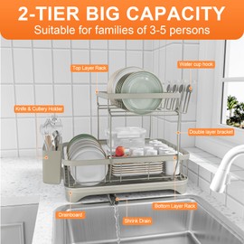 HOMEBOSILY Dish Drying Rack for Kitchen Counter,Two-Tier Dish Rack with Utensil Holder, Auto-Draining Dish Racks, Large Capacity Dish Drainer Organizer for Plates, Bowls, Cups with Drainboard Grey