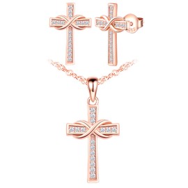 Yumilok Women's Cross Necklace in 925 Sterling Silver Women's Chain Religion Infinity Pendant Cubic Zirconia Women's Stud Earrings Set for Women, Silver, Cubic Zirconia