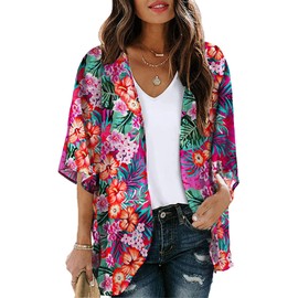 Chunoy Women Open Front Plus Size Beach Wear Cardigan Blouse Top Floral Chiffon Kimono Cover Up XX-Large