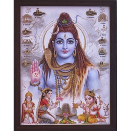 HandicraftStore Shiva Giving Blessings and Parvati, Ganesha and Parvati Worshiping shivling, A Hindu Religious Poster with framing, Must for Every Home for Auspicious and Peace & Religious
