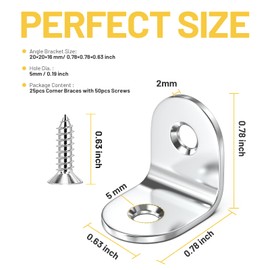 Teenitor 25 Pcs Corner Braces - 20x20mm 90 Degree Right Angle Brackets Fastener Stainless Steel L Shaped Corner Bracket with 50 Pcs Screws Brace Corner Steel Joint Silver