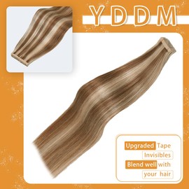 YDDM Cinta En Extensiones De Cabello Cabello Humano, Castaño Castaño Resaltado Rubio Blanqueador Extensiones De Cabello Humano Cinta En 20 Piezas 16" Cinta Ins Recto Sin Costuras Remy Cinta En Extensi