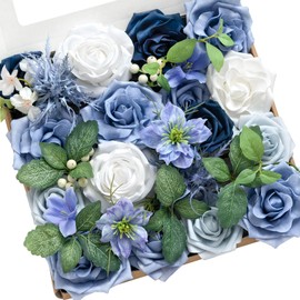 Ling's Moment Fake Flowers Box, Artificial Faux Greenery Stems Silk Leaves Foam Rose for Wedding Bouquets Centerpieces Table Decorations Backyard Floral Arrangement, Dusty Blue & Ivory, Grand Combo