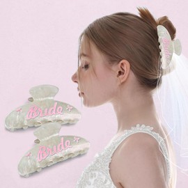 2Pcs Bride Claw Clip White Marble Acrylic with Blue Bow Hair Accessory, Bridal Pearl Headband for Bridesmaids, Wedding Day Hair Clip, Bachelorette Party Favor Gift (Pink)