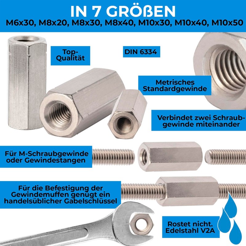 Stahlia Threaded Sleeve M6 x 30 mm Spacer Sleeves Stainless