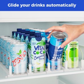 Puricon Drink Organizer for Fridge Pusher Glide, Spring Loaded Fridge Drink Dispenser, Self Pushing Soda Can Organizer for Refrigerator, Beer Bottle Beverage Organizer Drink Holder -4 Rows, White