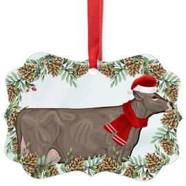 Brown Swiss Cow Cattle Christmas Ornament 2024 Benelux Aluminum Holiday Decoration with Pinecone Red Scarf Santa Hat Winter Home Decor Gifts for Cattle Lovers
