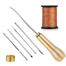 Leather Sewing Kit - Complete Set for Leather & Shoe Repair - 5 Saddle Needles, Copper Handle, 50 m Nylon Thread and Punch Tool