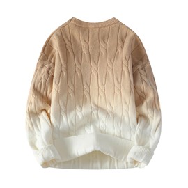 GMOYD Men Gradient Color Sweater Loose Cable Knit Pullover Sweater Unisex Chunky Twist Jumper Tops, Khaki, Large