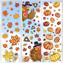 Whaline 9 Sheet Fall Thanksgiving Window Clings Turkey Pumpkin Maple Leaf Reusable Window Decals for for Autumn Harvest Seasonal Holiday School Office Supplies Glass Home Decor