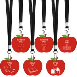 Justforjoyful 6 Sets Apple Shape Hall Pass Lanyards and School Passes Set Back to School Apple Wooden Restroom Passes Cards for Hall Nurse Library Office Counselor Teacher Student Supplies Gift