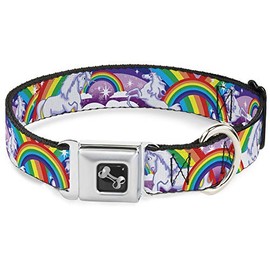 Buckle-Down Seatbelt Buckle Dog Collar - Unicorns in Rainbows w/Sparkles/Purple - 1" Wide - Fits 15-26" Neck - Large