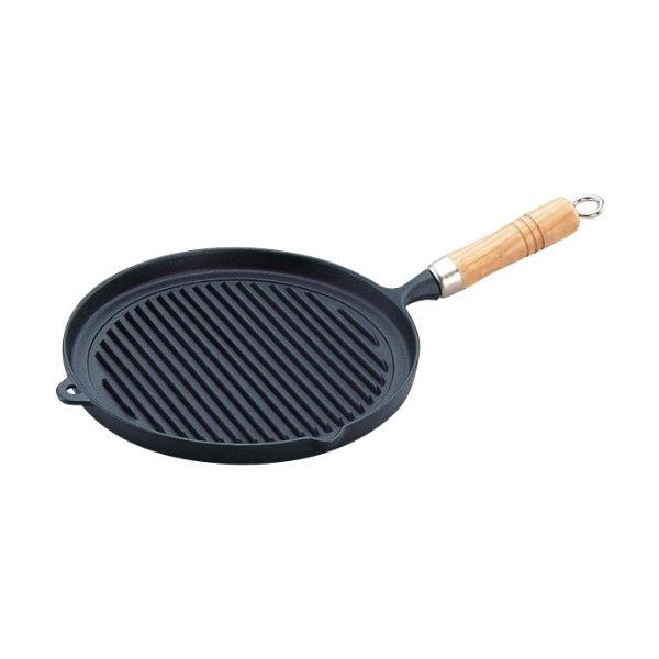 Iwachu 23029 Iwachu Grill Pan with Wooden Handle, Black Baking, Inner Diameter 9.6 inches (24.5 cm), Induction Compatible, Nambu Ironware