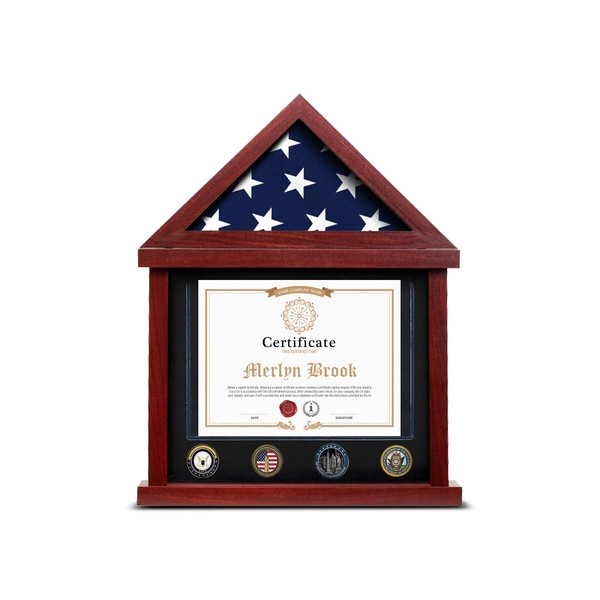 Flybold Small Flag Case for American Veteran Burial Flag - Mahogany Frame | Military Shadow Box for Army, Navy, Air Force, Marine | 3x5 ft Folded Flag Display Case Set with Certificate Holder