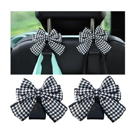Mandark 2PCS Car Seat Headrest Hooks, Cute Bow Vehicle Hooks for Purses and Bags, Automotive Purse Hook Hanger Interior Decoration Accessories, Universal for SUV, Sedan, Truck (Black/White Line)