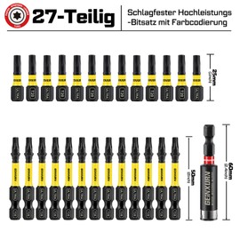 GEINXURN 26-Piece Torx Screwdriver Bit with 1-Piece 60 mm Magnetic Bit Holder, T20 Impact Resistant Screwdriver Bit Set 25 mm 50 mm Length, 1/4 Inch Hex Shank S2 Alloy Steel, Colour-Coded Base