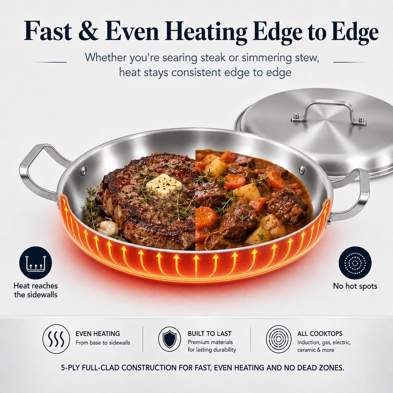 Yeksum 16 Inch Stainless Steel Paella Pan,18/10 Large Skillet，Frying Pan